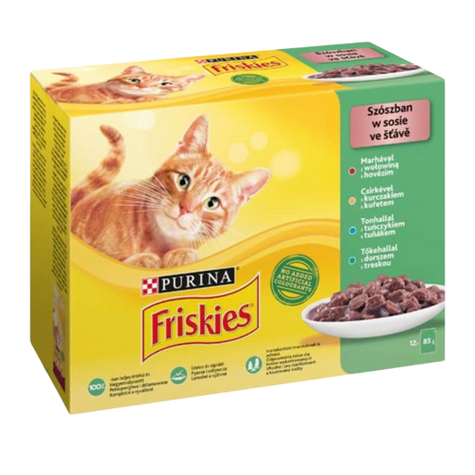 Friskies 12x85g Macskaeledel válogatás szószban - Marhával, Csirkével, Tonhallal, Tőkehallal